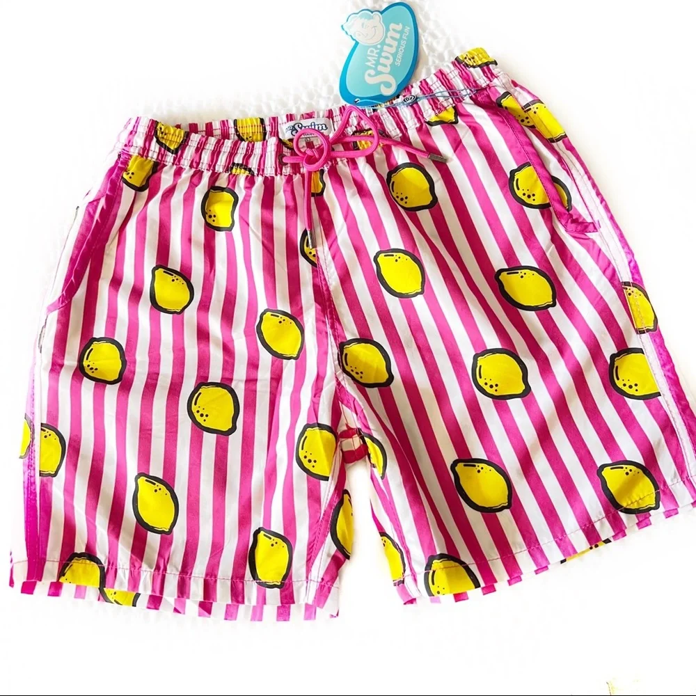 Mr. Swim Lemon Stripes Magenta/White Swim Trunks Men’s Size Large, NWT